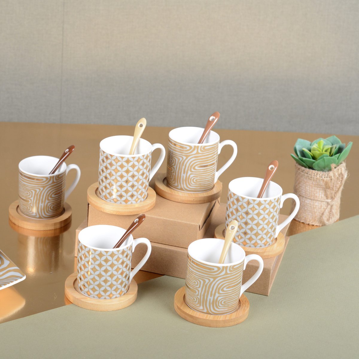Kaffeetassen CANCUN Gold mit Untertassen 6er-Set