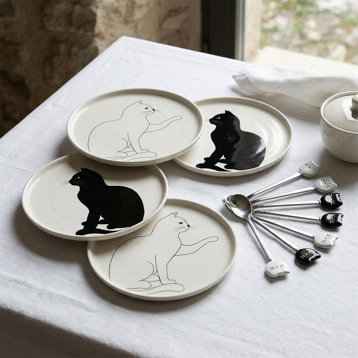 Glas-Dessertteller KATZE Schwarz-Weiß 4er-Set