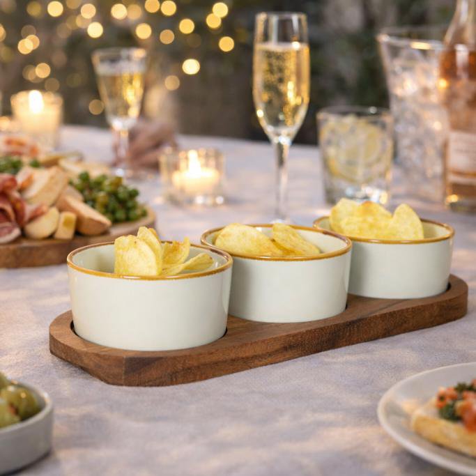 Appetizer Set 3 Bowls on Wooden Tray