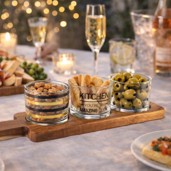 Appetizer Set 3 Glasses on Wooden Tray
