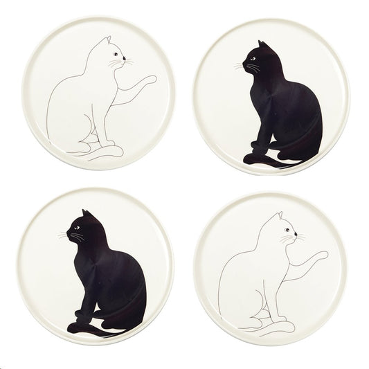 Glass Dessert Plates CAT Black-White Set of 4