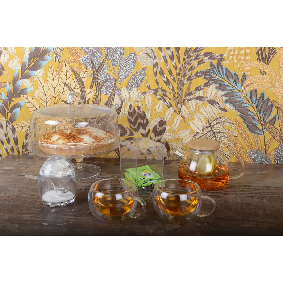 Glasteekanne mit Holzdeckel 1L