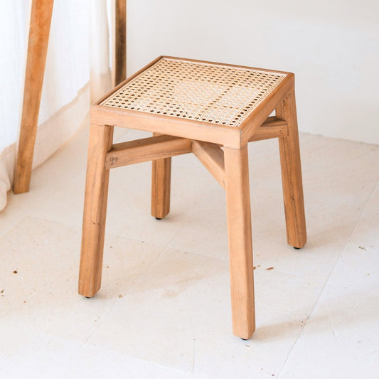 Wooden Stool SUBANG Trembesi with Rattan Seat