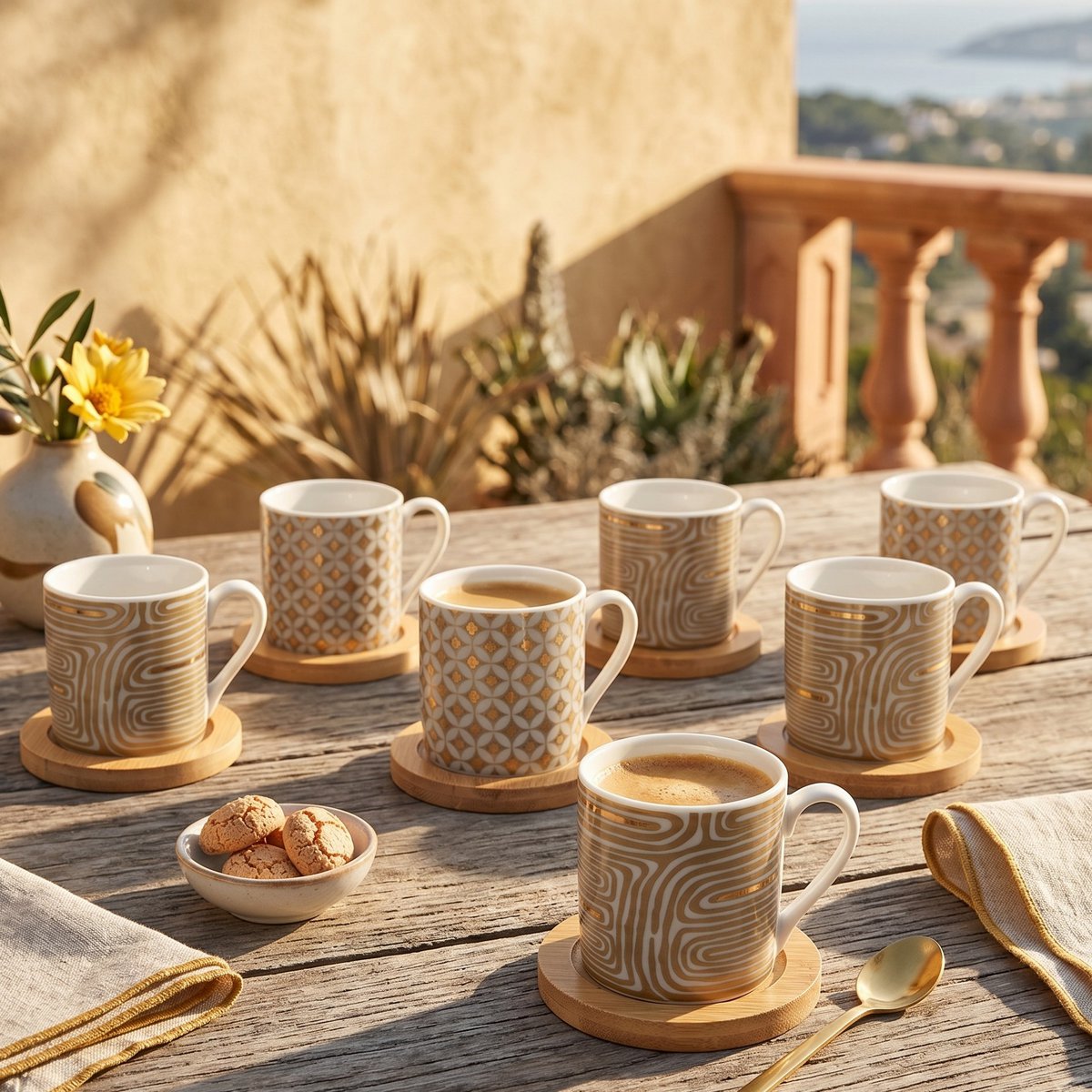 Kaffeetassen CANCUN Gold mit Untertassen 6er-Set