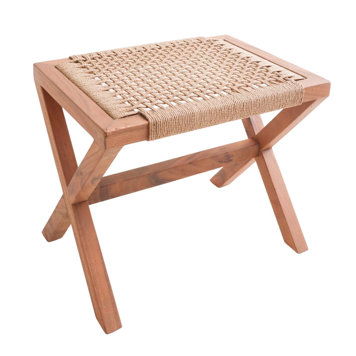 Holzhocker INDRA Dunkel mit X-Beinen & Papiergeflecht