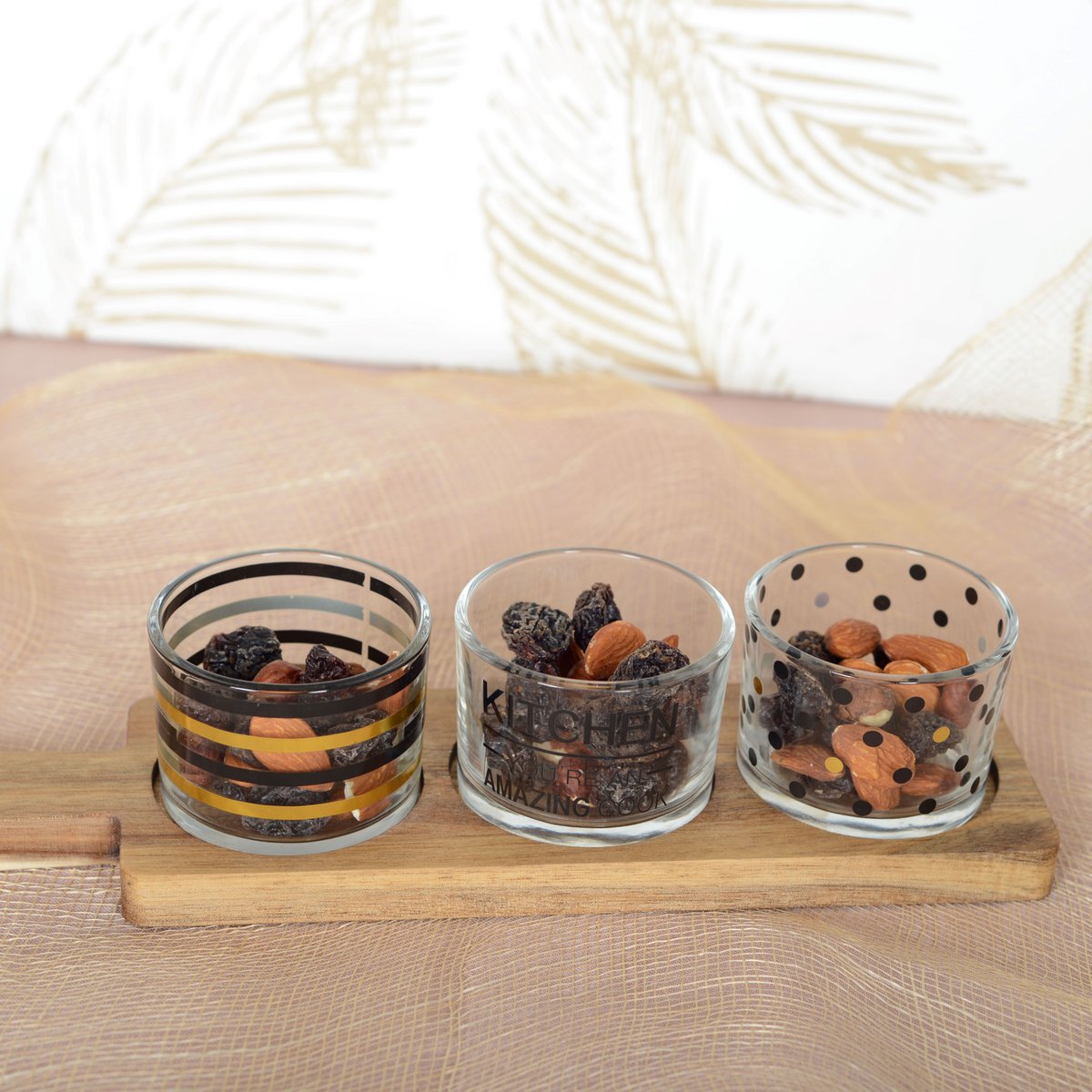 Appetizer Set 3 Glasses on Wooden Tray