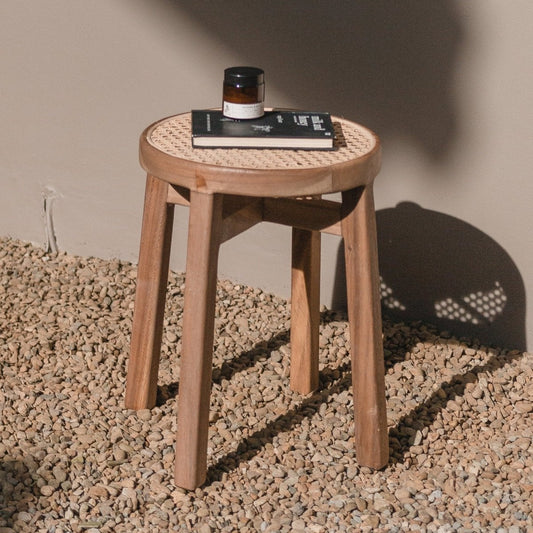 CARAMIN Round Trembesi Wood Stool with Rattan Seat