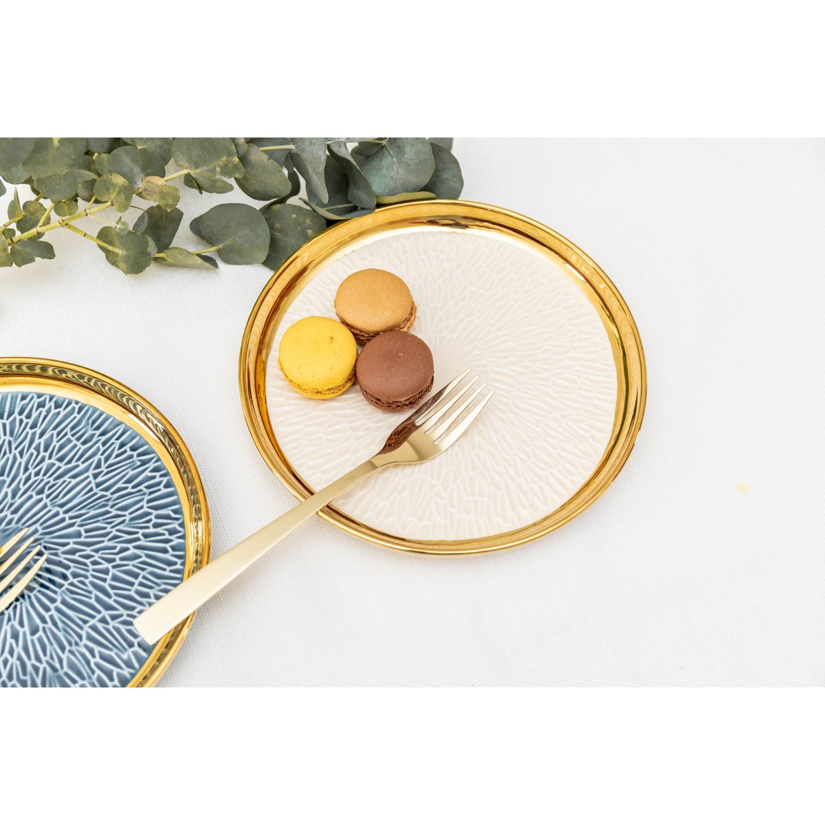 Ceramic Dessert Plates GOLDEDGING Blue & Cream Set of 4