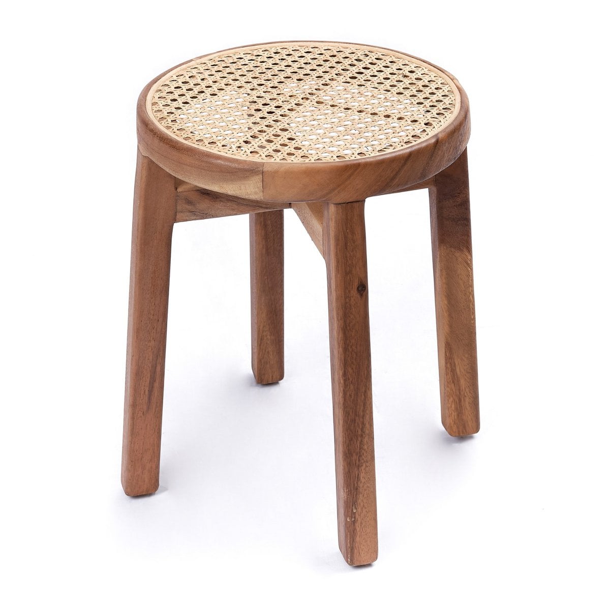 Holzhocker CARAMIN Rund Trembesi mit Rattan-Sitz