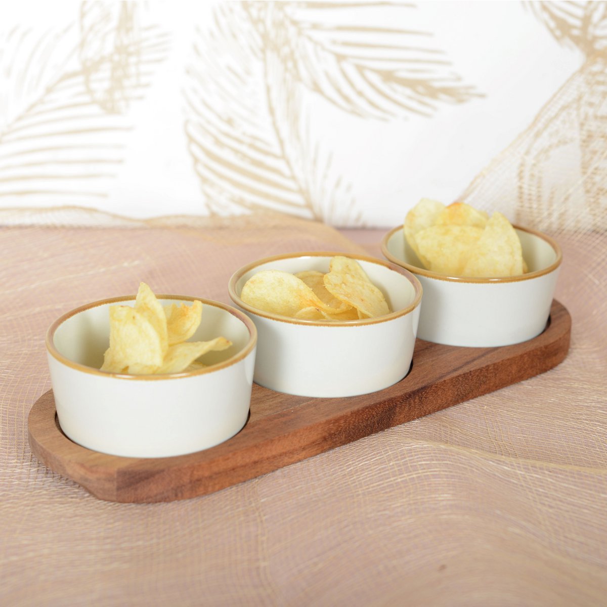 Appetizer Set 3 Bowls on Wooden Tray