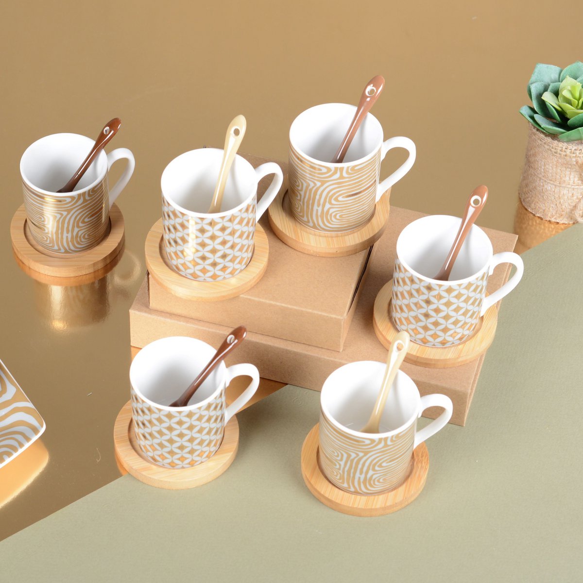Kaffeetassen CANCUN Gold mit Untertassen 6er-Set